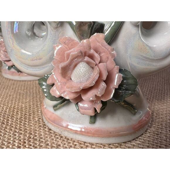Lusterware Mid Century Opalescent Porcelain Rose Candelabra--Set of 2--Vintage - Picture 6 of 12